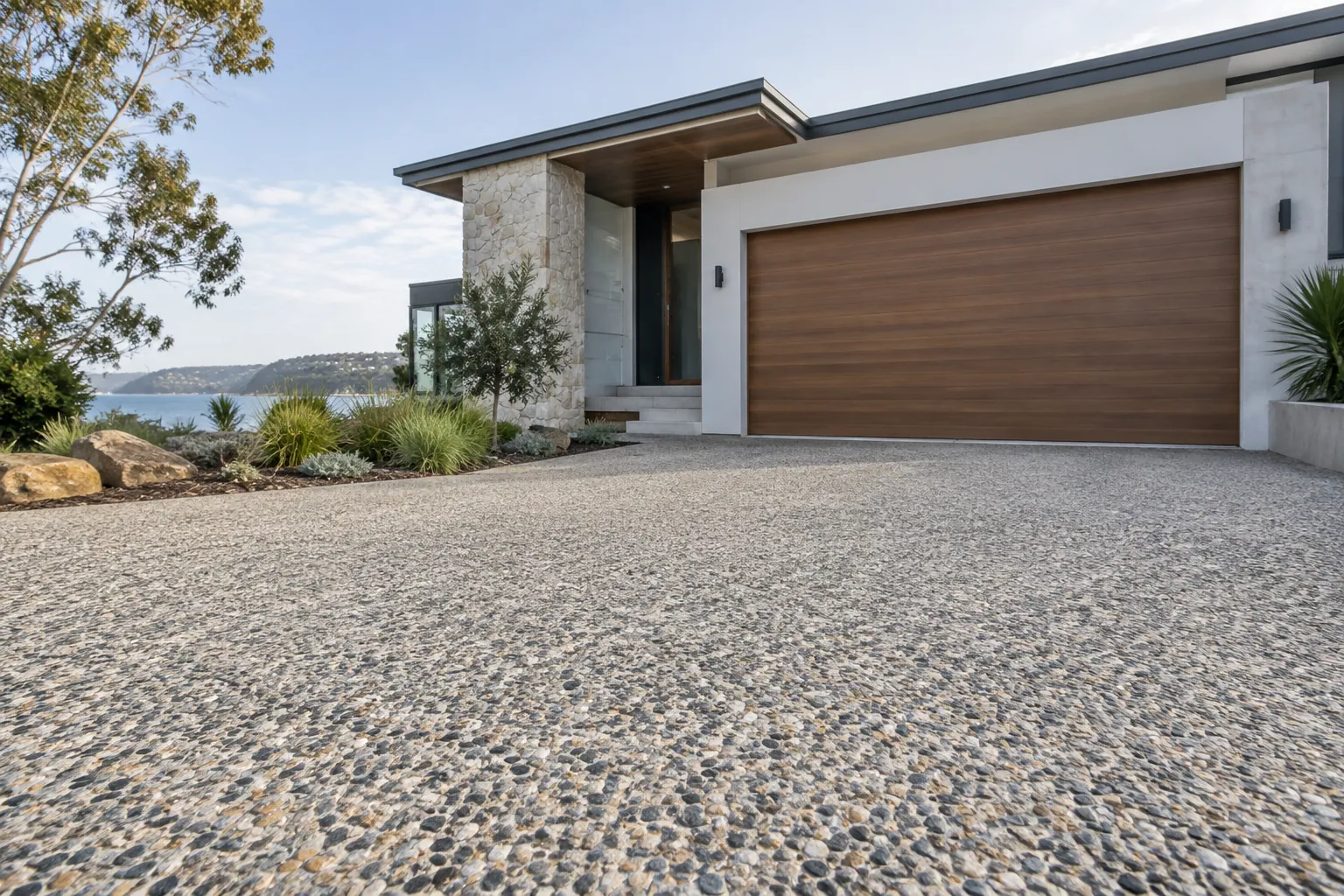 Natural stone texture in an exposed aggregate driveway