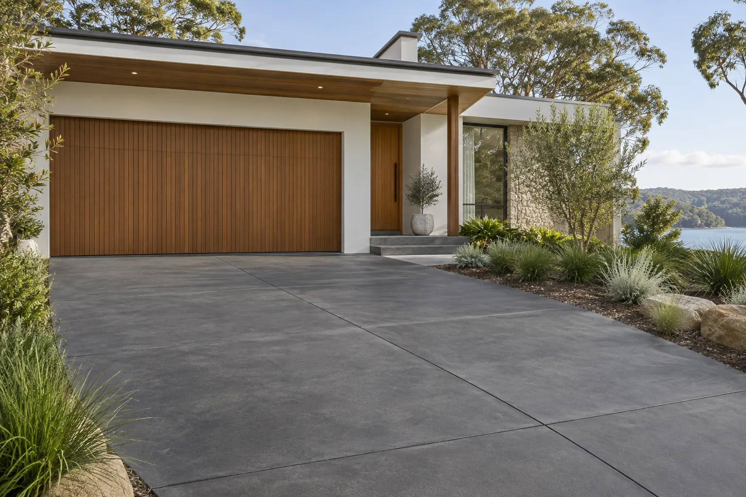 Charcoal concrete driveway beside timber and rendered walls