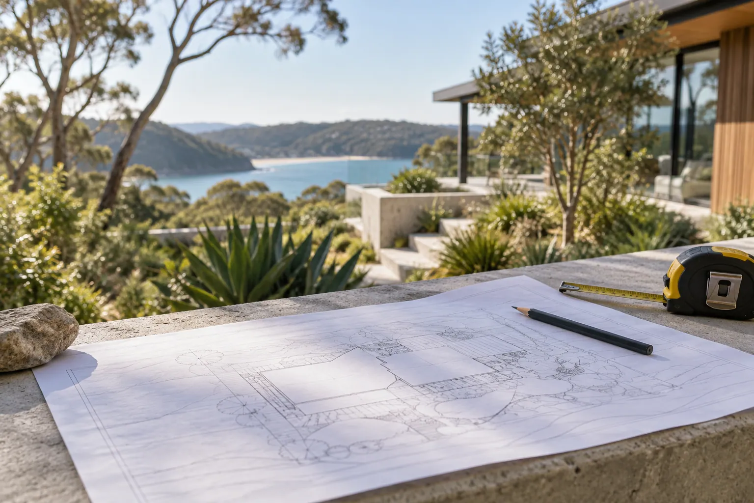 Plans and measuring tape on a concrete surface beside an Australian garden