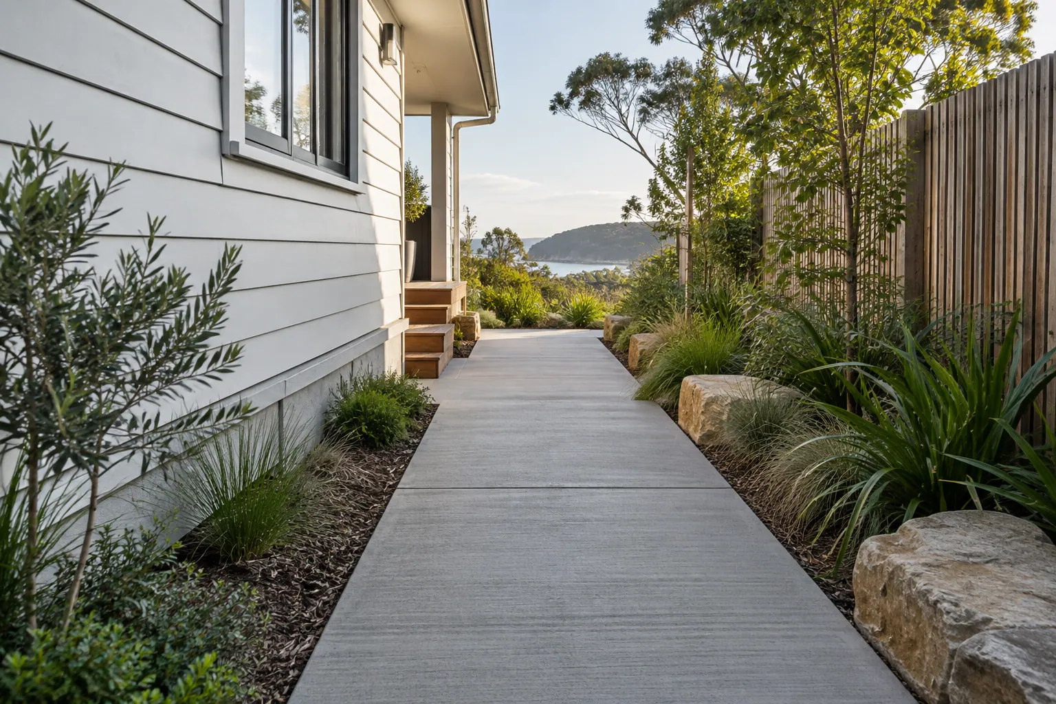 Continuous concrete garden path beside a weatherboard home