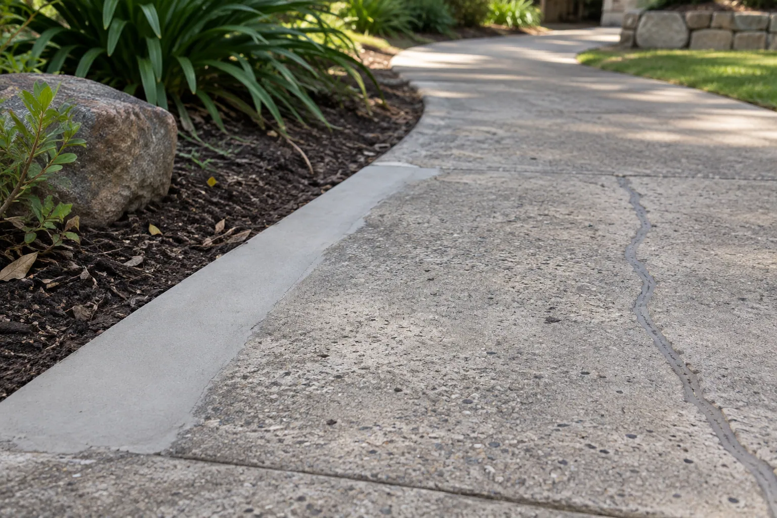 Close view of a repaired concrete path edge and surrounding surface