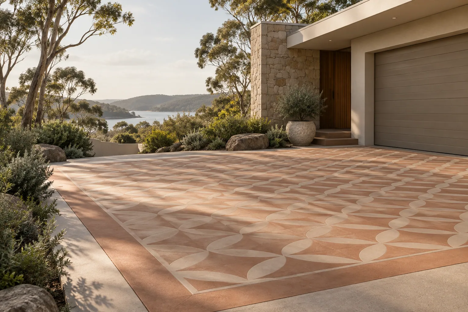 Illustrative stencil concrete driveways project in an Australian setting